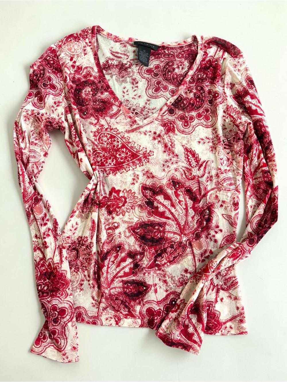 Rhinestone Paisley Top Y2K Lizzie McGuire Style Ivory Red Vintage Semi-Sheer M